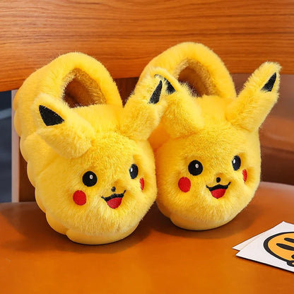 Cartoon Pikachu Figures Cotton Slippers Cover Heel Anime Peripheral Cute Flat Autumn/Winter Warm Plush Slippers Christmas Gifts