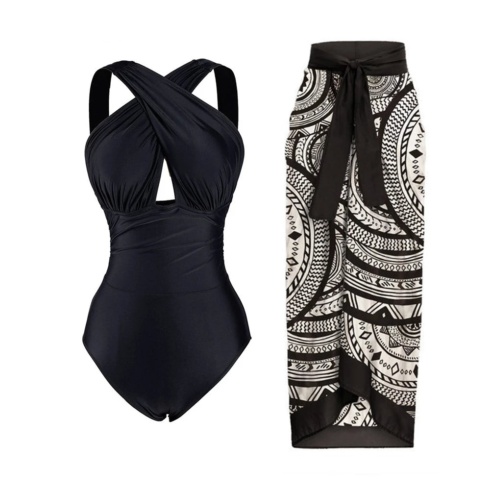 2024 Sexy Women's Swimsuit with Skirt One-Piece Swimwear Vintage Ruffle V Neck Cover Up Bikinis Set Beachwear Bathing Suit