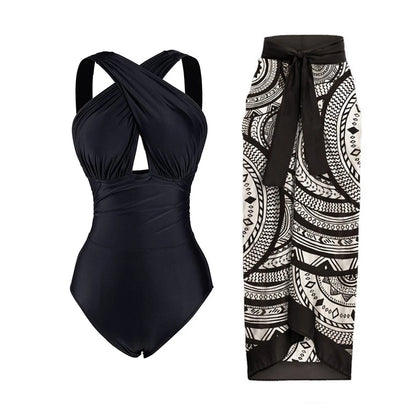 2024 Sexy Women's Swimsuit with Skirt One-Piece Swimwear Vintage Ruffle V Neck Cover Up Bikinis Set Beachwear Bathing Suit