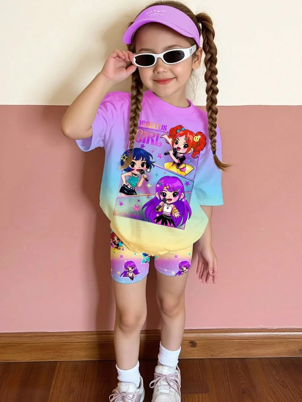 Kpop Cartoon Graphic New T-Shirt and Pants Set Girls' Summer Clothing Cute Short Sleeve Set Children's T-Shirt and Shorts Set