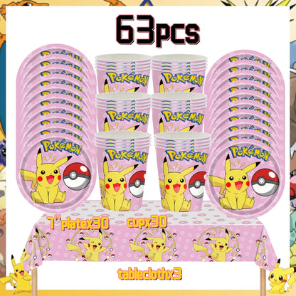 Pink Pokemon Birthday Party Decoration Disposable Tableware Set Pikachu Tablecloth Cup Plate Baby Shower Kids Diy Party Supplies