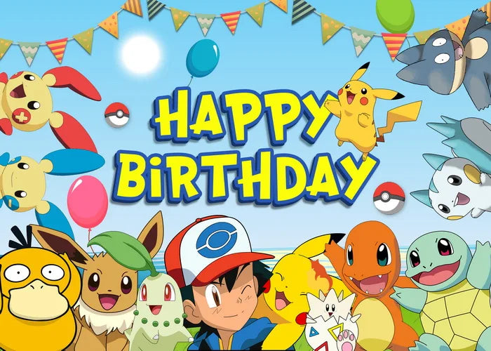 Cartoon Pikachu Charmander Monster Theme Background Cloth Happy Birthday Party Baby Shower Supplies Decor Banner Shooting Props