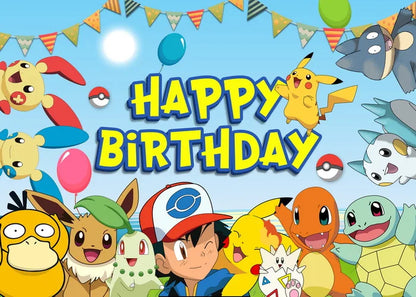 Cartoon Pikachu Charmander Monster Theme Background Cloth Happy Birthday Party Baby Shower Supplies Decor Banner Shooting Props
