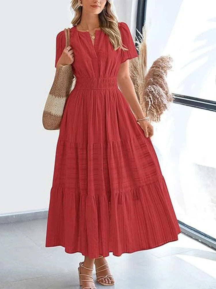 V-Neck Tiered Boho Midi Dress: Bubble Sleeve Smocked Waist Summer Gown