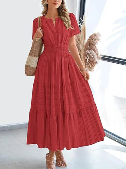 V-Neck Tiered Boho Midi Dress: Bubble Sleeve Smocked Waist Summer Gown