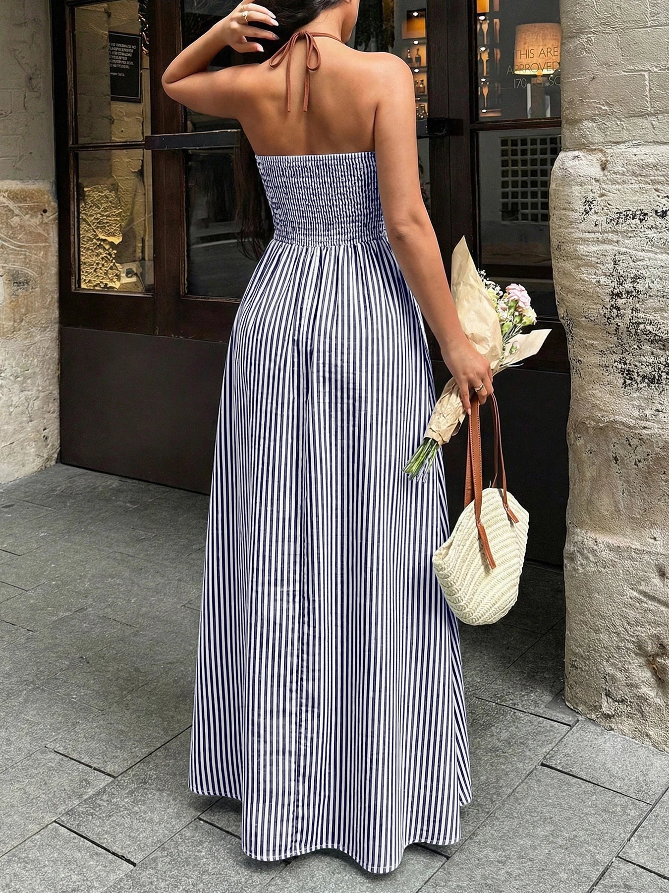 2026 Summer New Style Deep V-neck Striped Beach Dress, Sexy Backless Sleeveless Neckline Long Dress