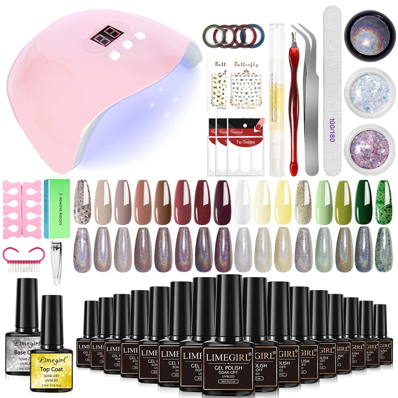 LIMEGIRL 8ML Gel Nail Polish Kit Semi-Permanent Soak Gel Varnish Base Coat Polishing Tool with UV LED Light Nail Gel Kit