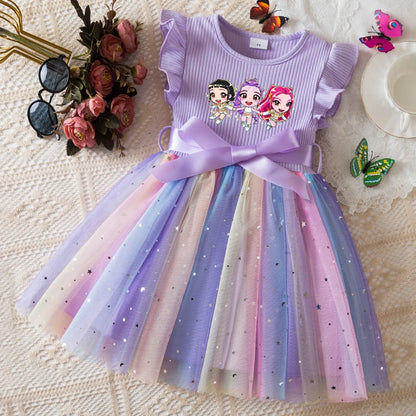 Girls' HUNTRX Rainbow Tulle Princess Dress: Sequin Star & Chibi Idol Party Gown