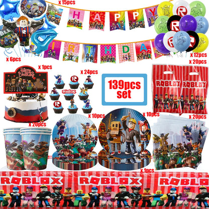 139PCS Roblox Birthday Decoration Party Kit Disposable Tableware Set Roblox Game Tablecloth Balloon Gift Bag Kids Party Supplies