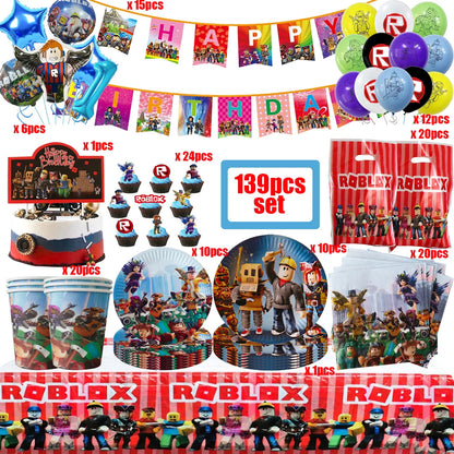 139PCS Roblox Birthday Decoration Party Kit Disposable Tableware Set Roblox Game Tablecloth Balloon Gift Bag Kids Party Supplies