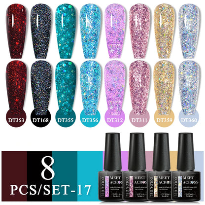 MEET ACROSS 8Pcs/Set Glitter Red Pink Orange Gel Nail Polish Semi Permanent Soak Off UV Gel Varnish Nail Art Manicure Kit