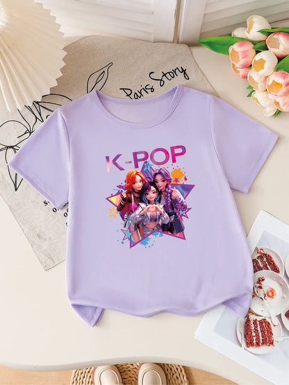 Girls K-POP Idol Group Print Short Sleeve T-Shirt Cute Cartoon Graphic Tee Kids Summer Casual Top