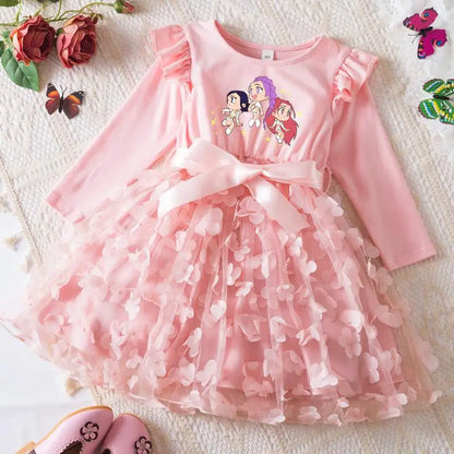 Girls' K-Pop HUNTRX "Butterfly Dreams" Dress: Long Sleeve 3D Applique Tutu Princess Gown