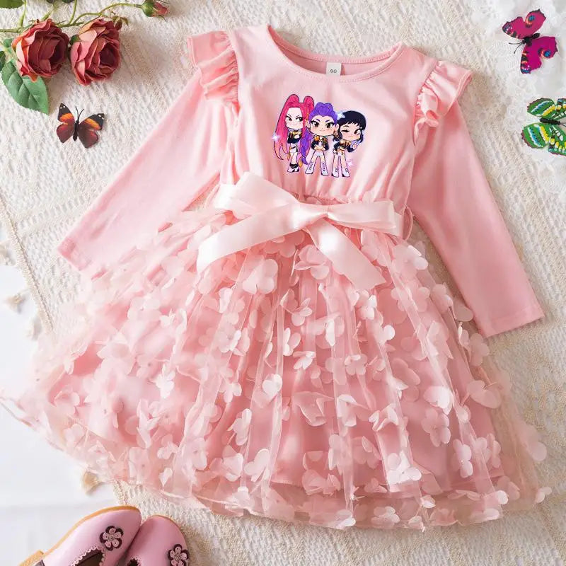 Girls' K-Pop HUNTRX "Butterfly Dreams" Dress: Long Sleeve 3D Applique Tutu Princess Gown
