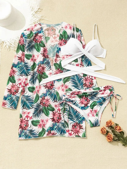 Three Pieces Bikini Set Cover Up Women 2023 New Push Up Twist Swimsuit Print Long Sleeve Swimwear Biquini Bathing Suit Summer