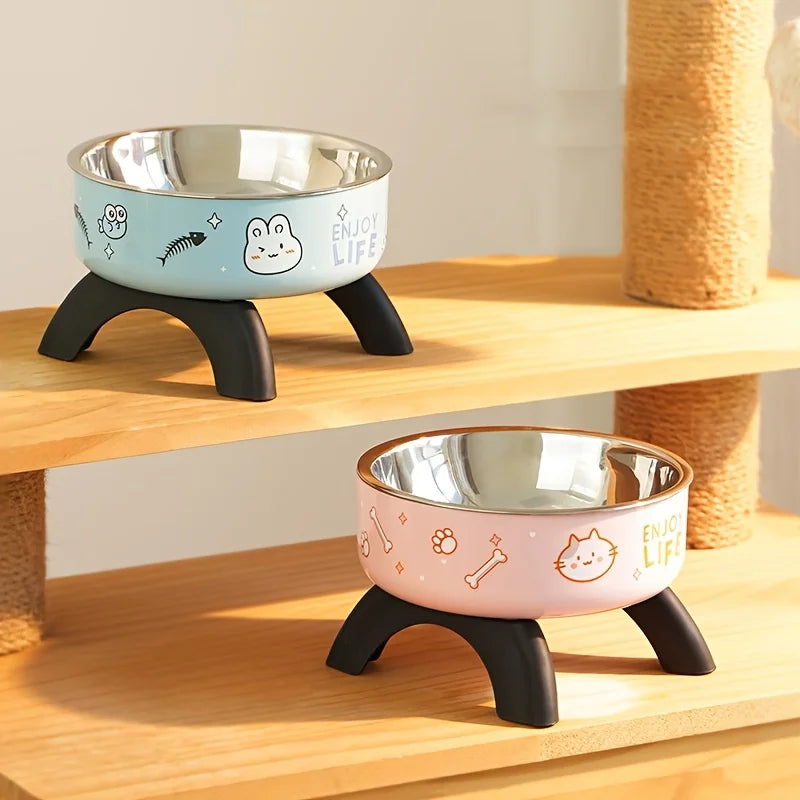 Stainless Steel Non-Slip Pet Bowl with Cute Pattern - Elevated, Spill-Proof Design for Small Dogs&Cats Neck Care Tall Cat Bowl