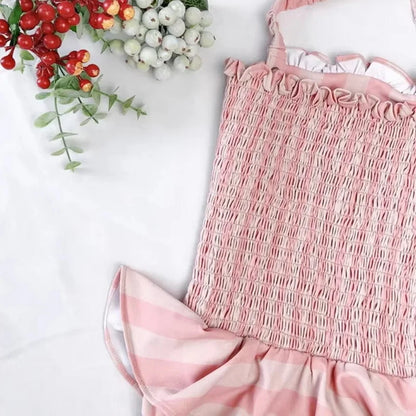 New Summer Kids Girl One Pieces Swimwear Sling Sleeveless Pink Striped Swimsuit Halter Swimming Suit Children Bikini H6852