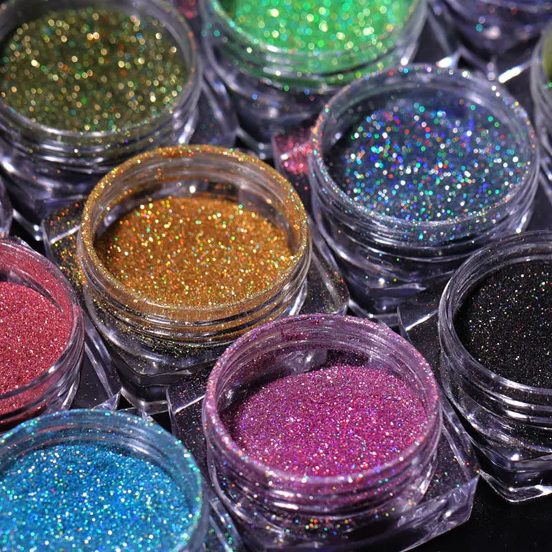 12Jars/set Holographic Glitter Nail Fine Powder 0.05mm Super Shinying Unicorn Rainbow Laser Powder DIY Mirror Manicure Powder