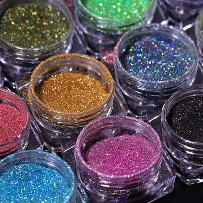 12Jars/set Holographic Glitter Nail Fine Powder 0.05mm Super Shinying Unicorn Rainbow Laser Powder DIY Mirror Manicure Powder