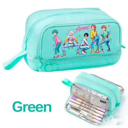 KPOP Pencil Case Student Storage Bag Stationery Large Space Storage 4 Compartment Pouch Double Side Opened