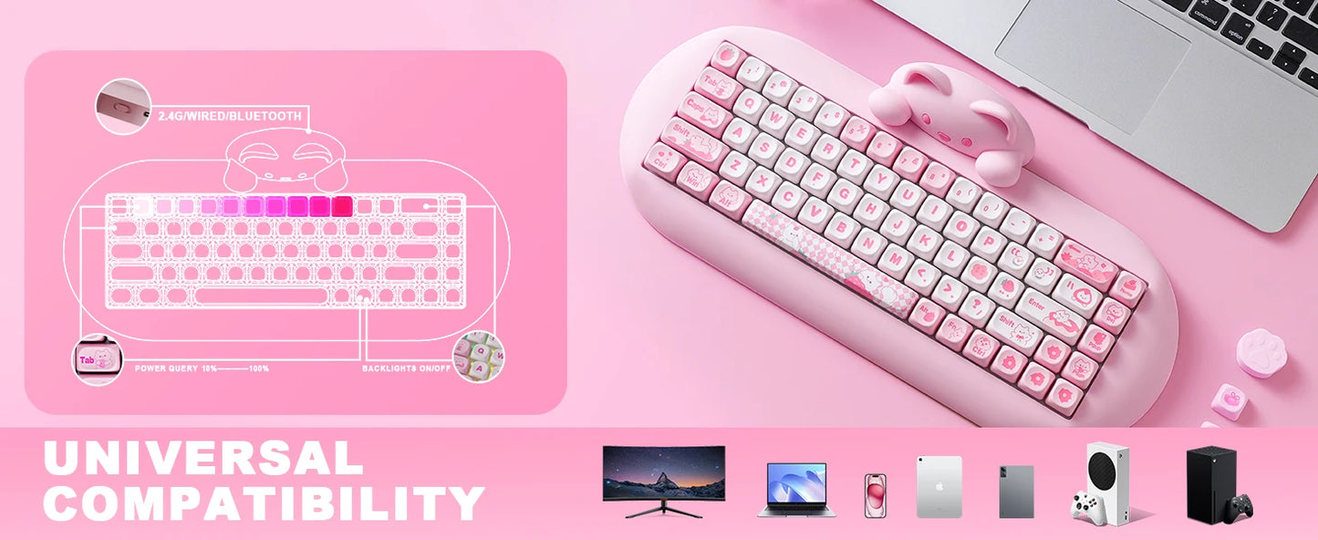 YUNZII C68 Pink 65% Hi-Fi Cute Cat Silicone Hot Swap NKRO  Ergonomic Wireless BT5.0/2.4G/Wired RGB Mechanical Gaming Keyboard