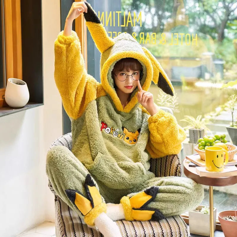 Pokemon Anime Pikachu Pajamas Hooded Women Cartoon Thickened Winter Plush Kawaii Nightgown Suit Two Home Clothing Christmas Gift