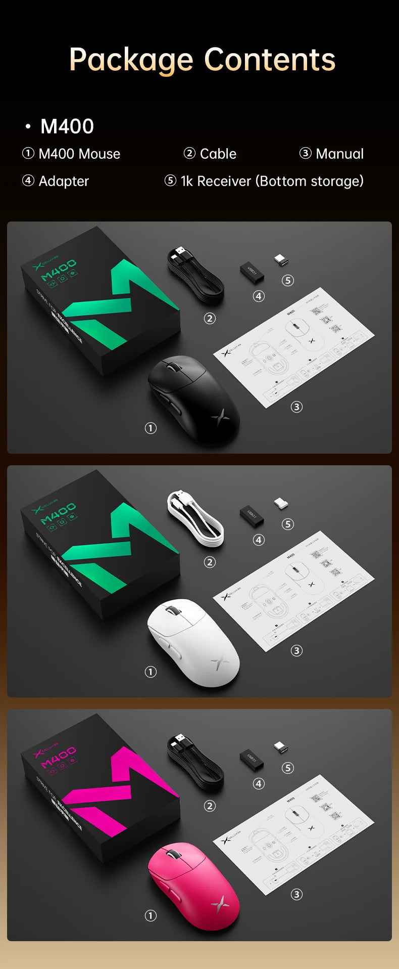 Delux M400 Wireless Gaming Mouse,24000DPI,1KHz Polling Rate,PAW3311,Tri-mode 500mAh Rechargable Mice for All Hands PC Gamer