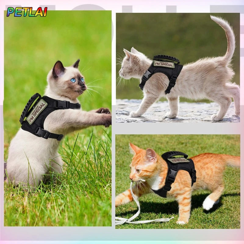 Tactical Cat Harness and Leash Set for Walking Escape Proof Adjustable Cat Vest Harness with Soft Mesh Padding Rubber Handle