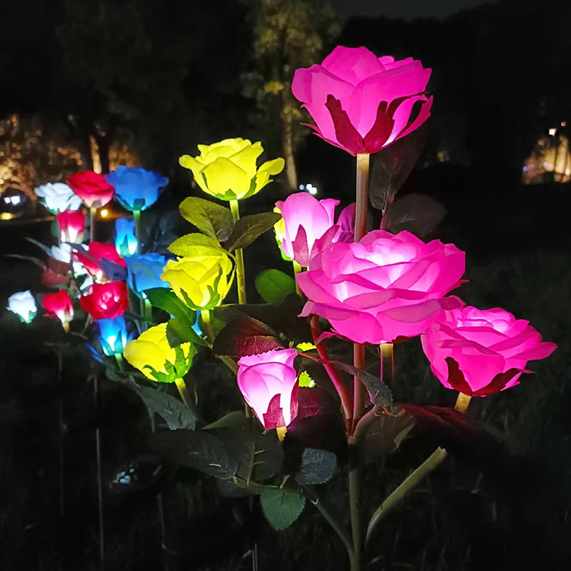 Simulation 5 Heads Rose Lamp Solar LED Lawn Lamp Decor Garden Wedding Parterre Party Camping Outdoor Yard Patio Ground Lights