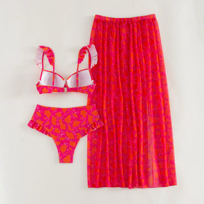 2024 Sexy Women's Swimsuit with Skirt One-Piece Swimwear Vintage Ruffle V Neck Cover Up Bikinis Set Beachwear Bathing Suit