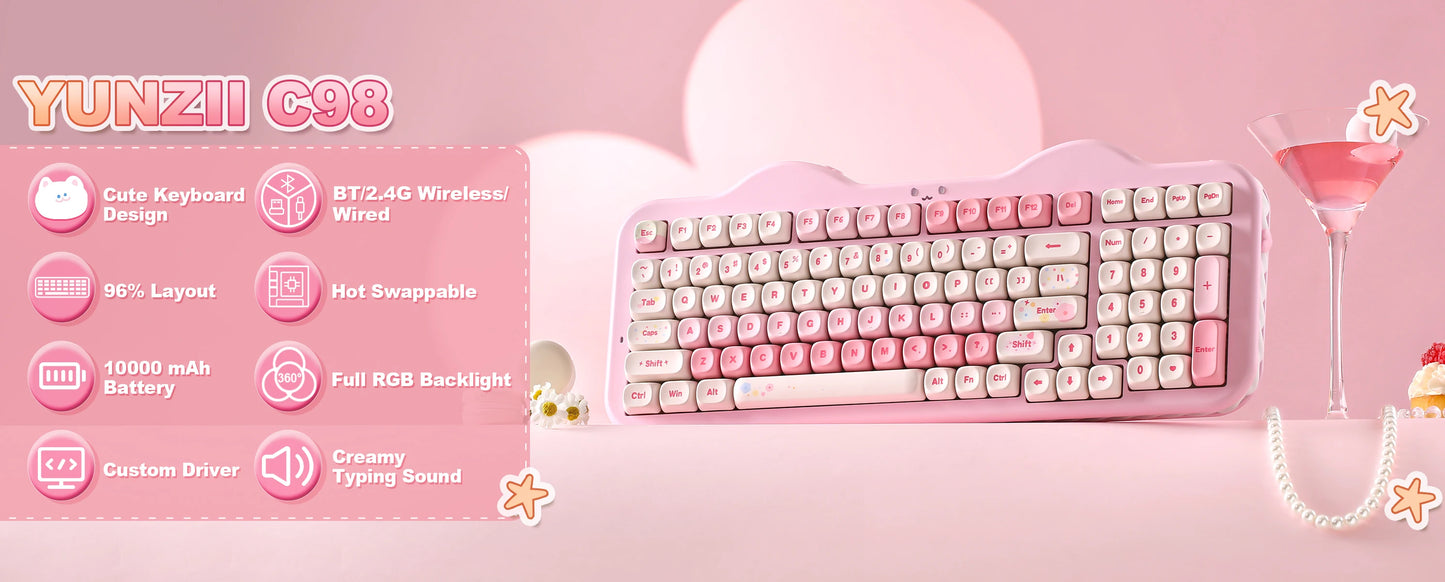 YUNZII C98 Wireless Mechanical Keyboard, 99-Key Hot Swap Gasket Keyboard with Numpad, Custom RGB Backlight,Cute Keeb for Win/Mac