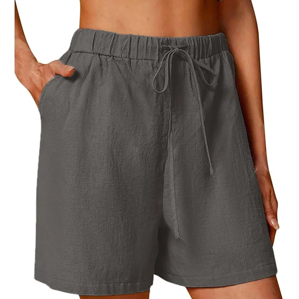 Women's Summer Casual Shorts Drawstring Solid Color Cotton Linen Short Pants Female Loose Straight Jogging Outdoor Streetwear