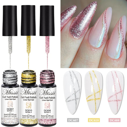 2/3/4/6pcs Platinum Glitter Liner Gel Nail Polish Set Gold Silver Sparkle Pull Line Gel Graffiti Painting Stripe DIY French Nail