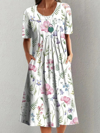 icevoolen Elegant Loose Midi Dress: Casual Short Sleeve Printed Summer Gown