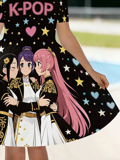 Girls' K-Pop "Anime Star" Summer Dress: Harajuku Style Short Sleeve A-Line Gown