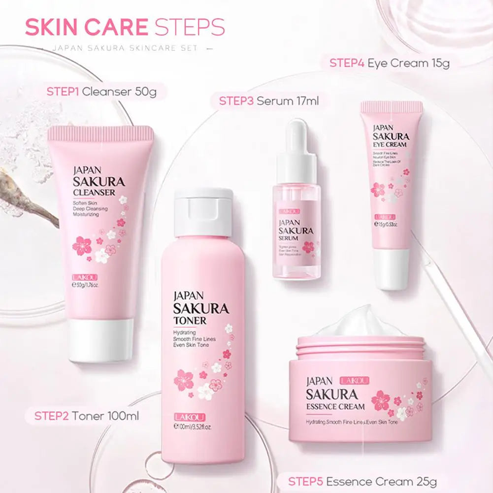 LAIKOU Japan Sakura Skin Care Set: 5-Piece Hydrating & Brightening Kit