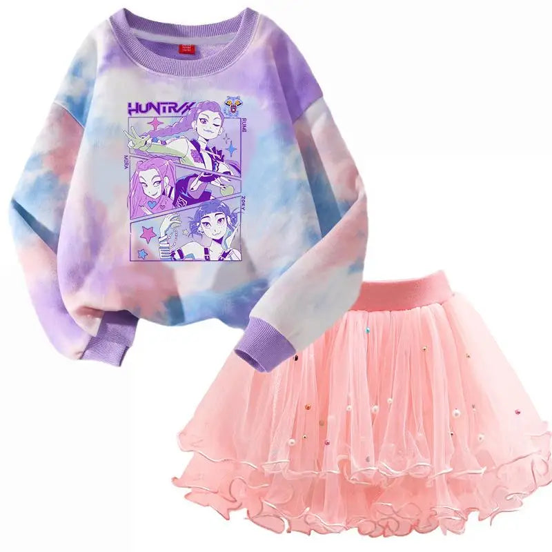 Girls' K-Pop HUNTRX Autumn Set: Pink Tie-Dye Sweatshirt & Pearl Tulle Princess Skirt