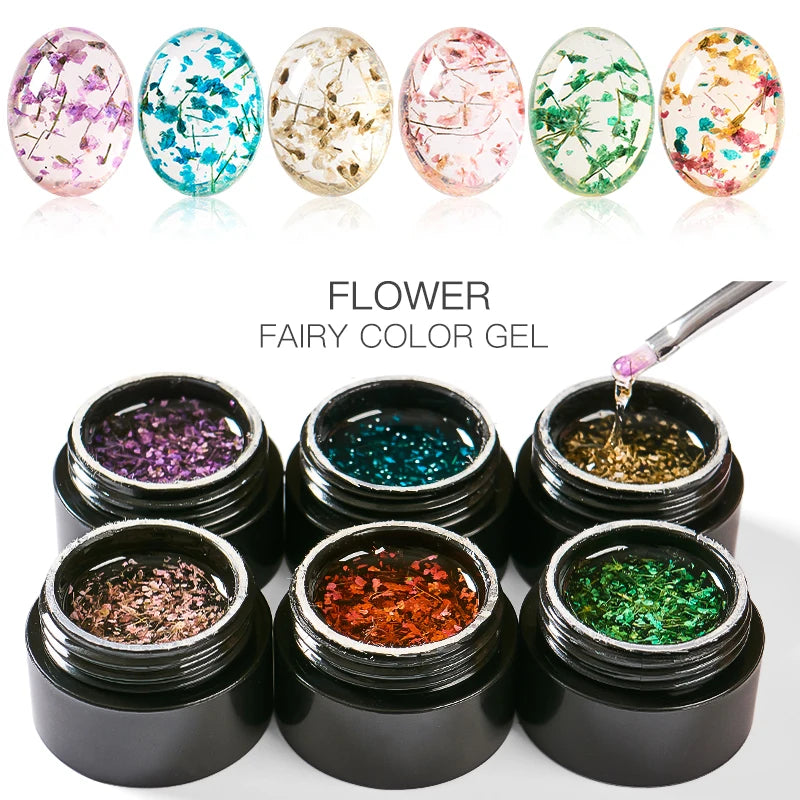 MEET ACROSS 6Pcs//Set Dried Flower Gel Nail Polish Natural Flower Fairy Gel Nail Art Painting Varnishes Summer Varnish For Nail