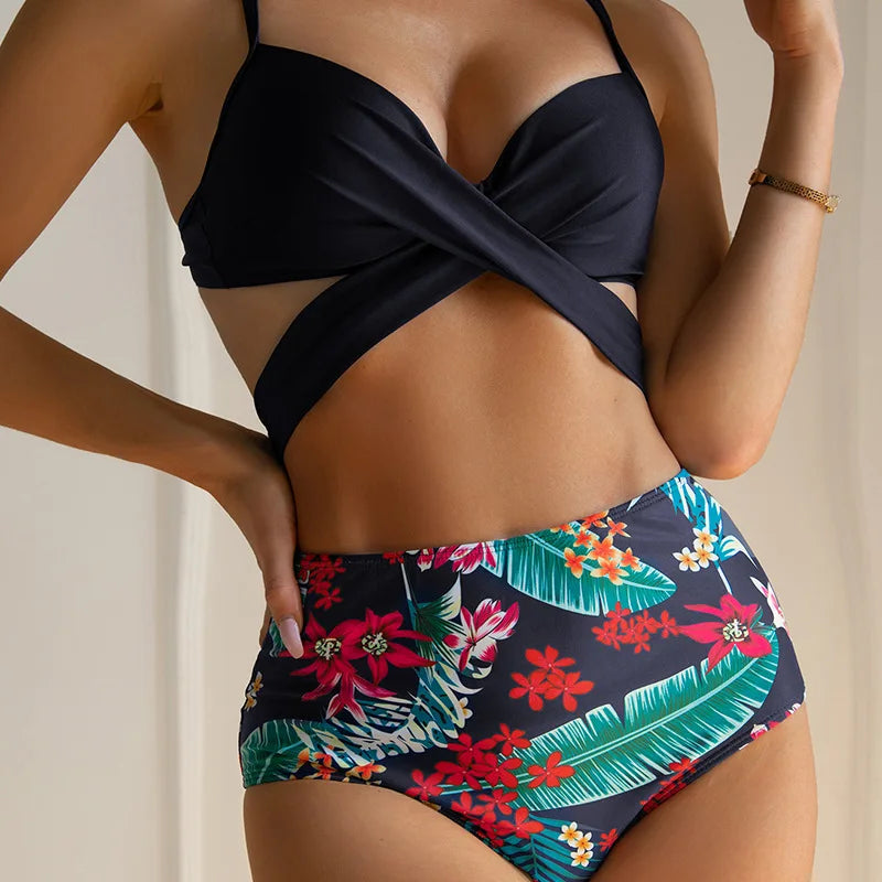 Three Pieces Bikini Set Cover Up Women 2023 New Push Up Twist Swimsuit Print Long Sleeve Swimwear Biquini Bathing Suit Summer