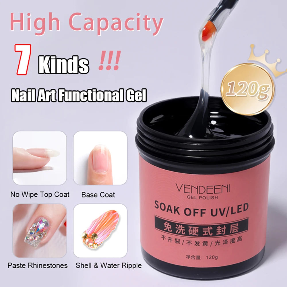 Vendeeni 120g High Capacity Nail Art Functional Gel No Wipe Top Coat Base Coat Painless Extension Gel Leveling Reinforcing Gel