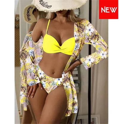 Three Pieces Bikini Set Cover Up Women 2023 New Push Up Twist Swimsuit Print Long Sleeve Swimwear Biquini Bathing Suit Summer