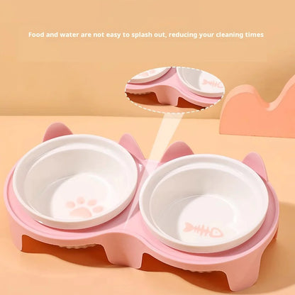 Cat bowl ceramic, cat food bowl double bowl drinking water, dog basin, pet oblique mouth to protect the cervical vertebrae