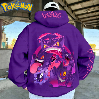 Pokemon Anime Gengar Cotton Hoodie Purple Character Print with Multiple Ghost Type Creatures Pattern Casual Streetwear