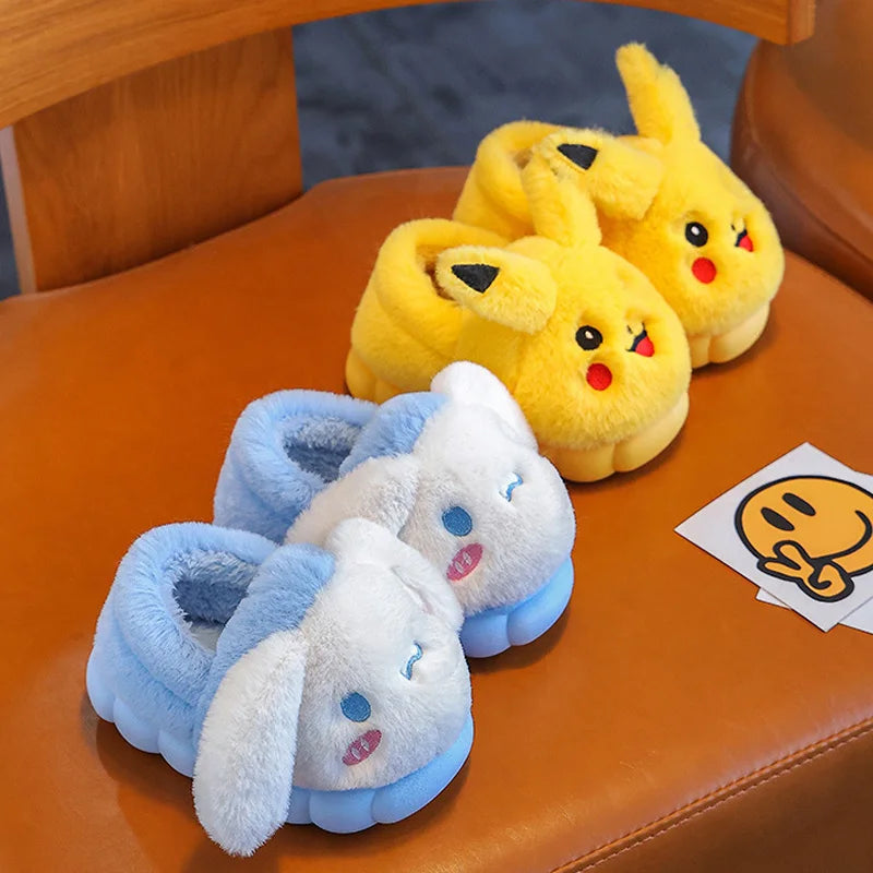 Cartoon Pikachu Figures Cotton Slippers Cover Heel Anime Peripheral Cute Flat Autumn/Winter Warm Plush Slippers Christmas Gifts