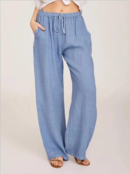 Loose Linen-Blend Wide Leg Casual Pants: Breathable Drawstring Summer Trousers