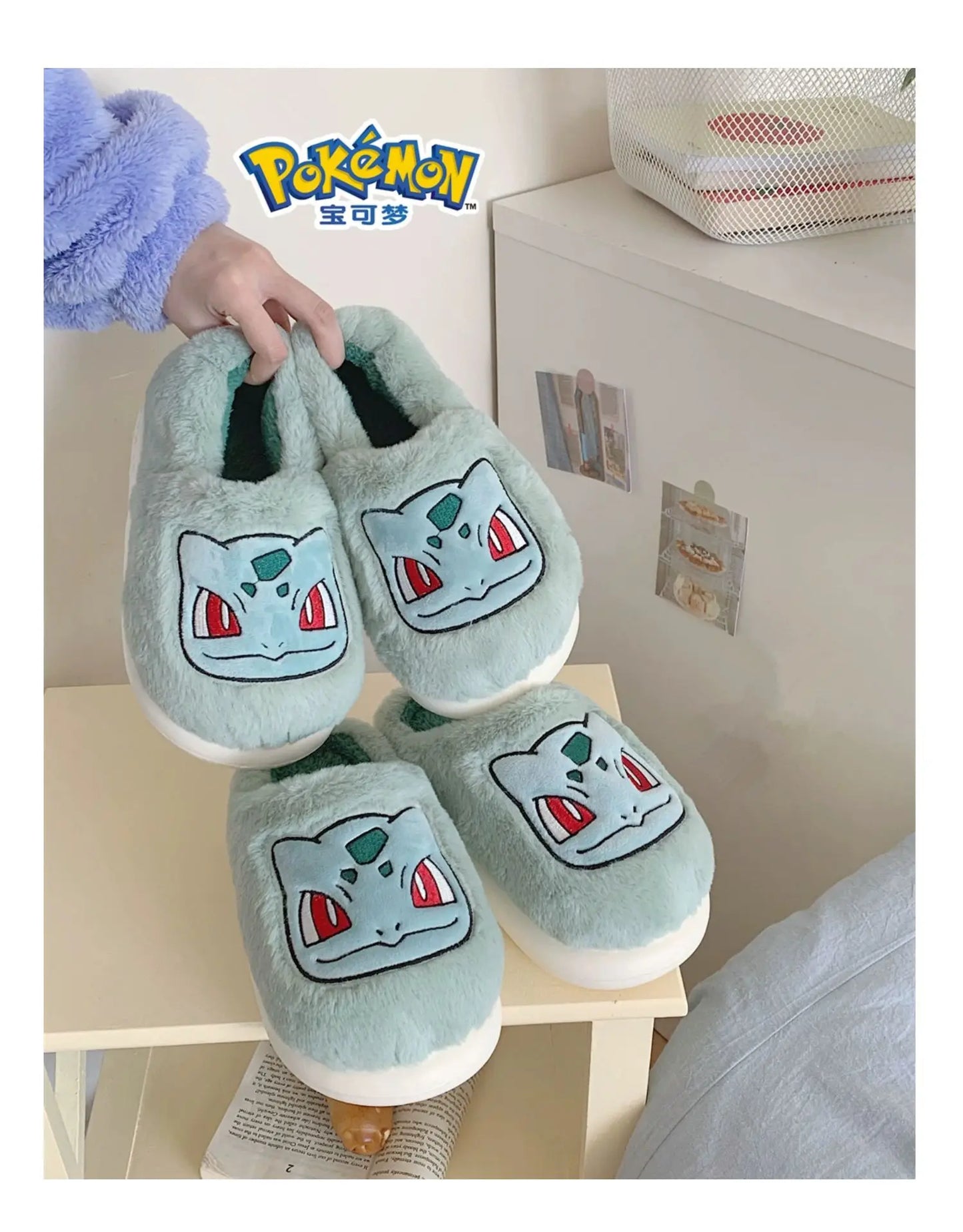 Pokémon Genuine Bulbasaur Indoor Fall and Winter Plus Velvet Warm Soft-soled Comfortable Cotton Slippers for Men and Women