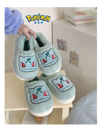 Pokémon Genuine Bulbasaur Indoor Fall and Winter Plus Velvet Warm Soft-soled Comfortable Cotton Slippers for Men and Women