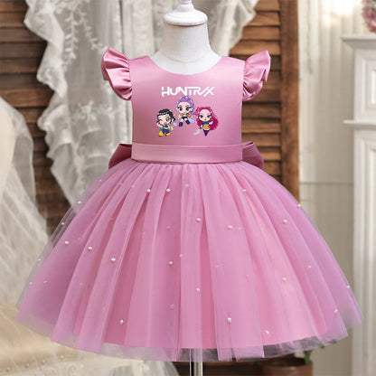 Girls' K-Pop "Pearl Essence" Gala Gown: Pink Tulle Tutu Dress with XL Back Bow & Beading
