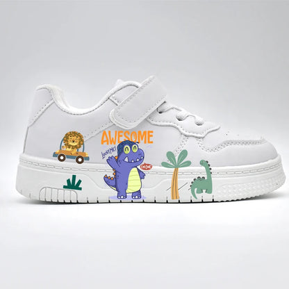 Kids' "Awesome Dino" White Sneakers: Lightweight Breathable Sport Shoes with Hook & Loop