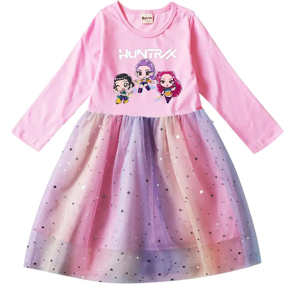 Girls' K-Pop Demon Hunters "Star Sparkle" Long Sleeve Tutu Dress: Rainbow Tulle Princess Gown